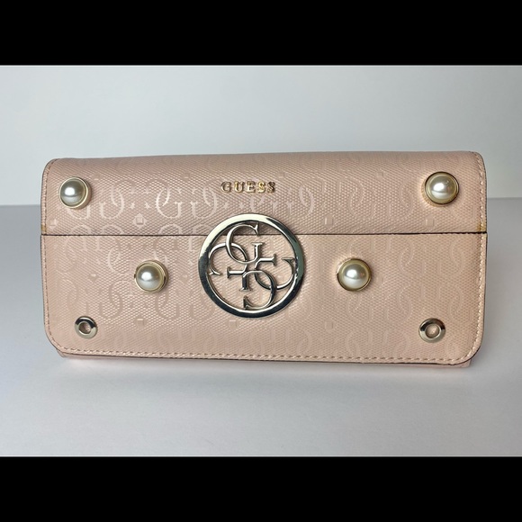 Guess Handbags - GUESS Women's Kamryn Light Pink Pearl Detail Zip Around Wallet (Pink Wallet)